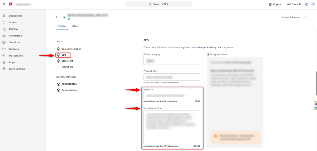 Títulos y descripciones en páginas de producto en VTEX