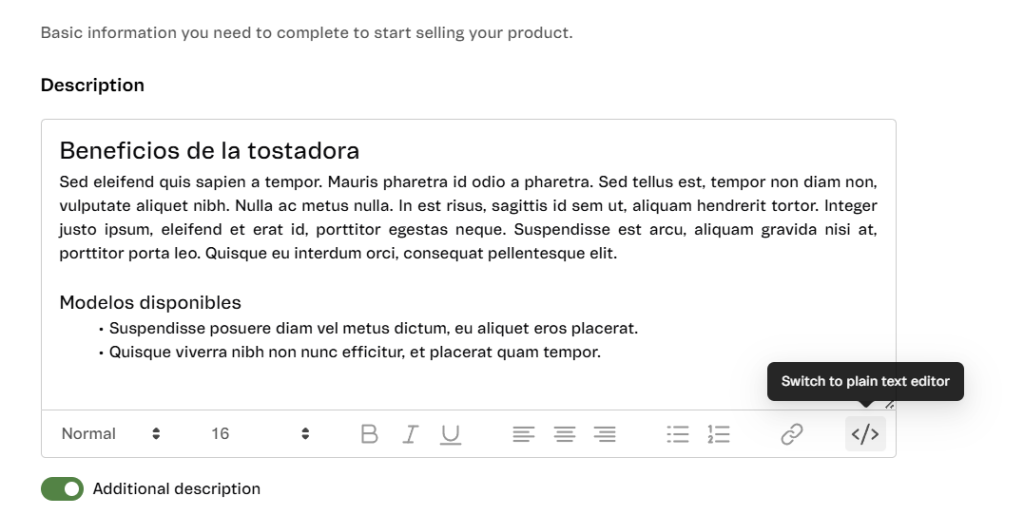 Agregar descripción usando el modo HTML Text Editor de VTEX